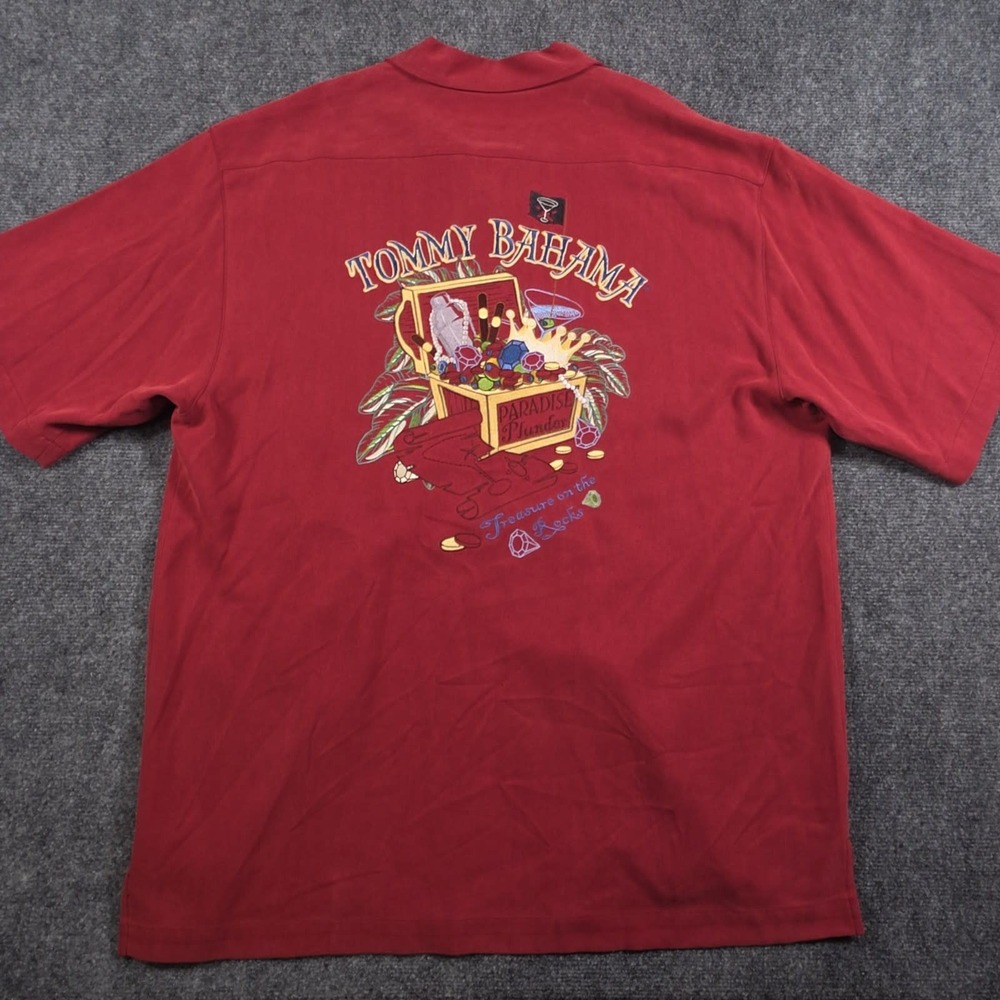 Tommy Bahama Paradise Plunder Silk Shirt Mens L Red Embroidered Beach Treasure
